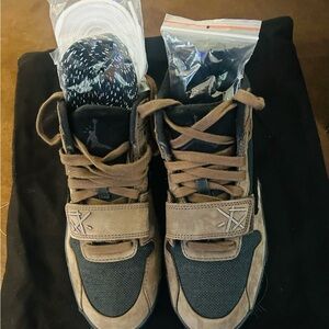 Travis Scott Black and Brown Sneakers with Accessories